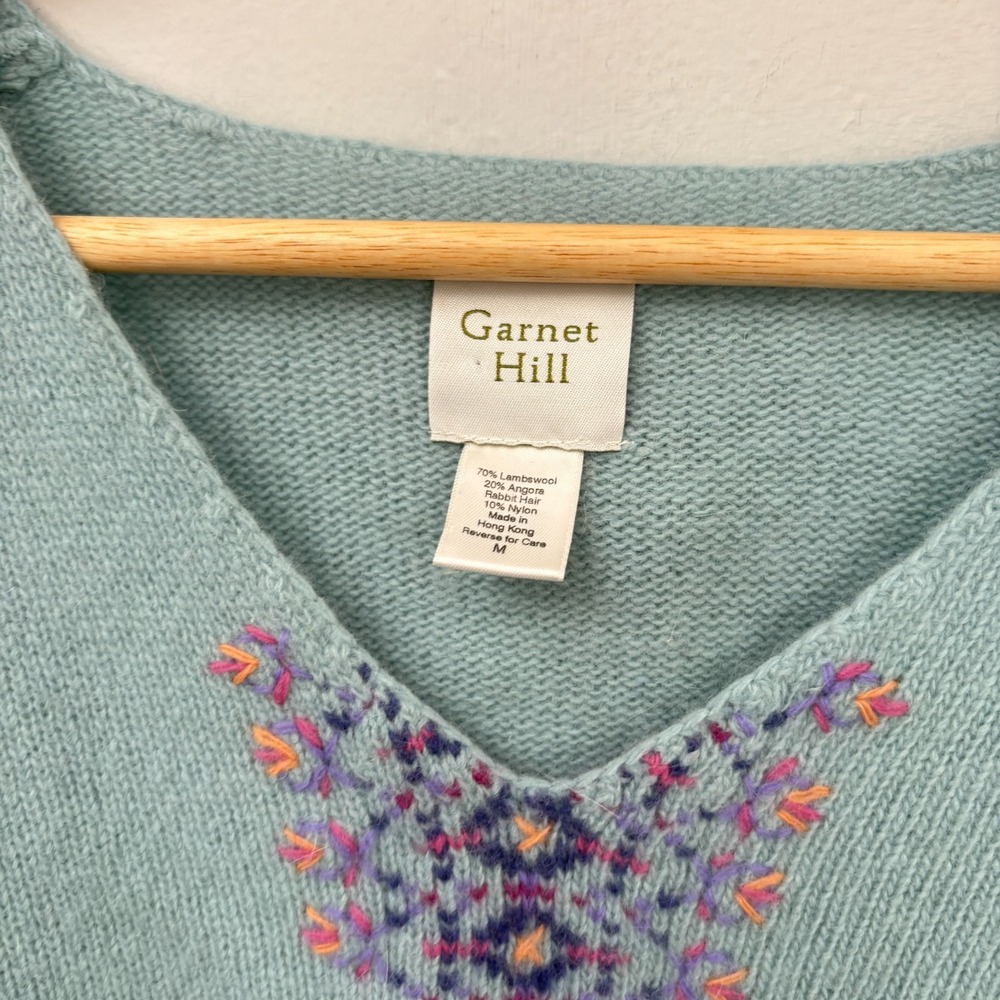 Garnet Hill Embroidered Sweater Women Medium Light Blue Lambswool Angora FLAW - Picture 4 of 16
